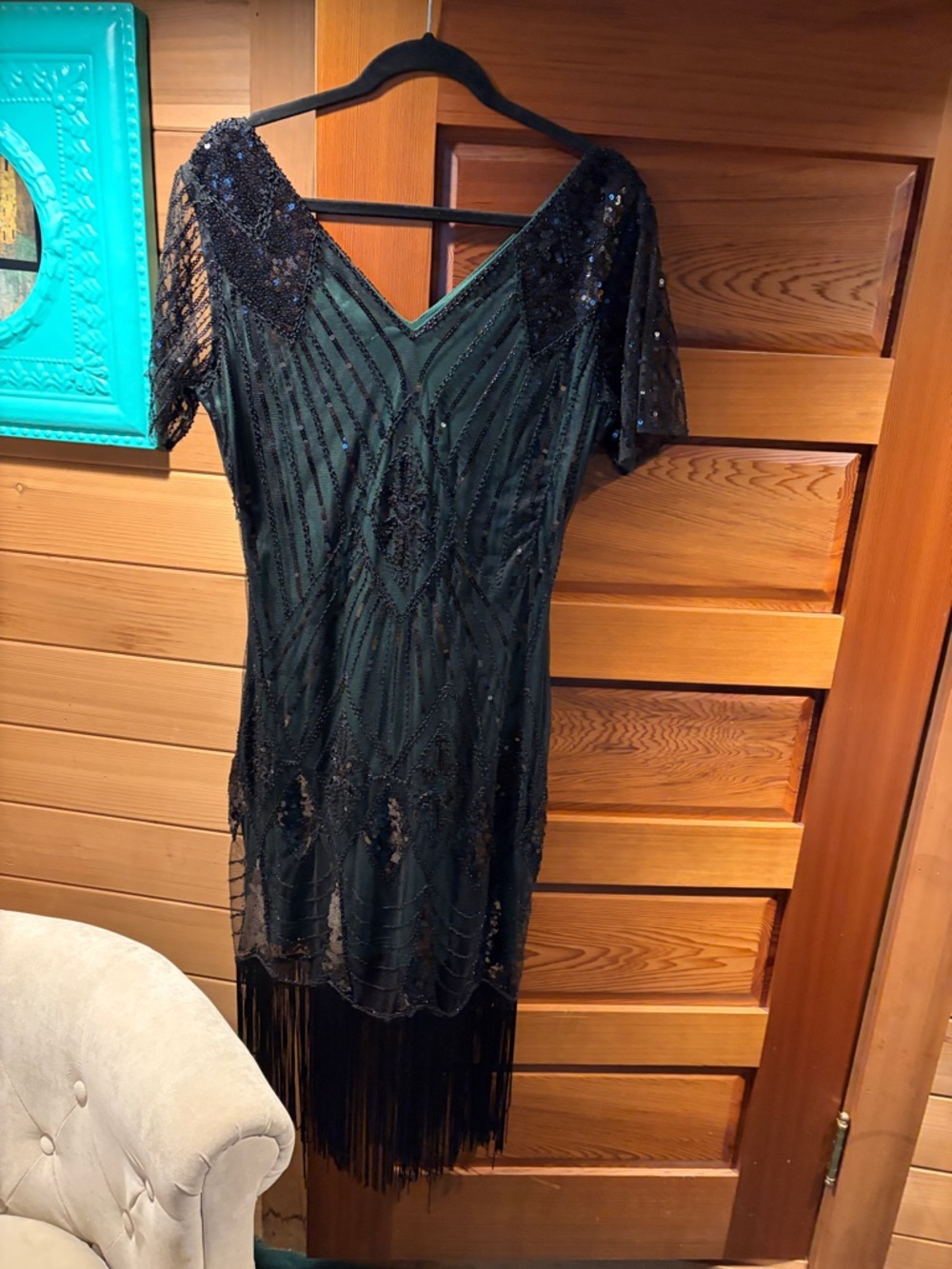 Unique Vintage Black Beaded Fringe Midi Dress